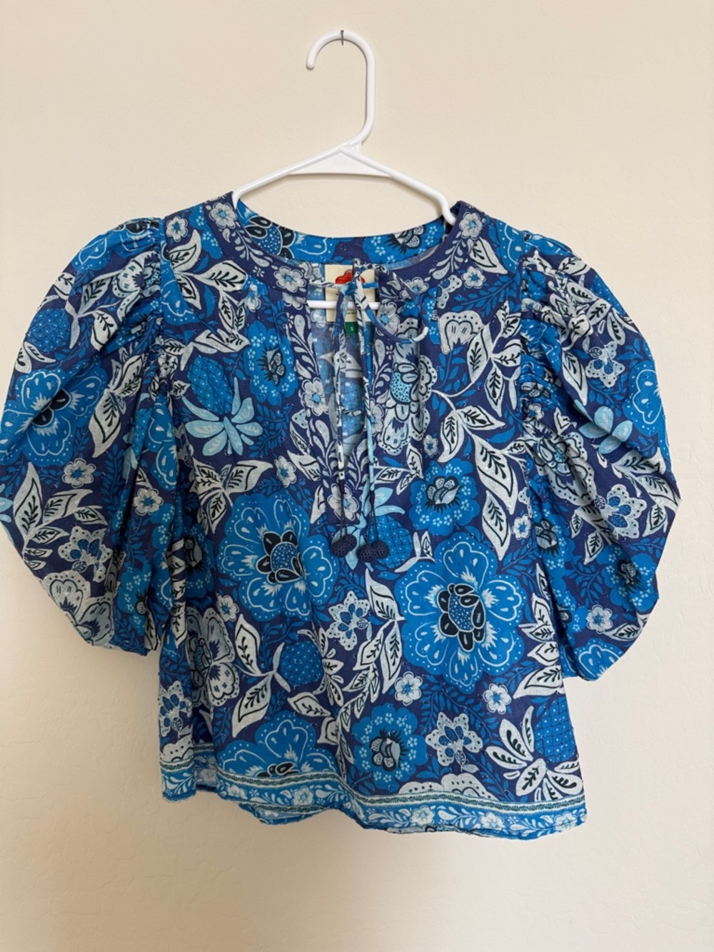 Farm Rio Blue Floral Puff sleeve Blouse with Tie Neck